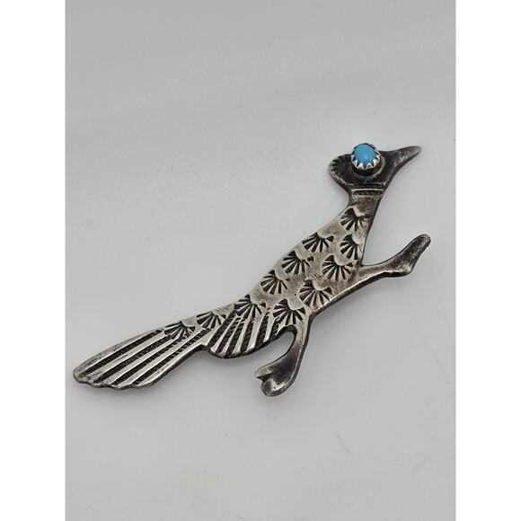 Vintage Stamped Sterling Silver & Turquoise Roadrunner Pin Brooch Southwestern - Picture 3 of 12
